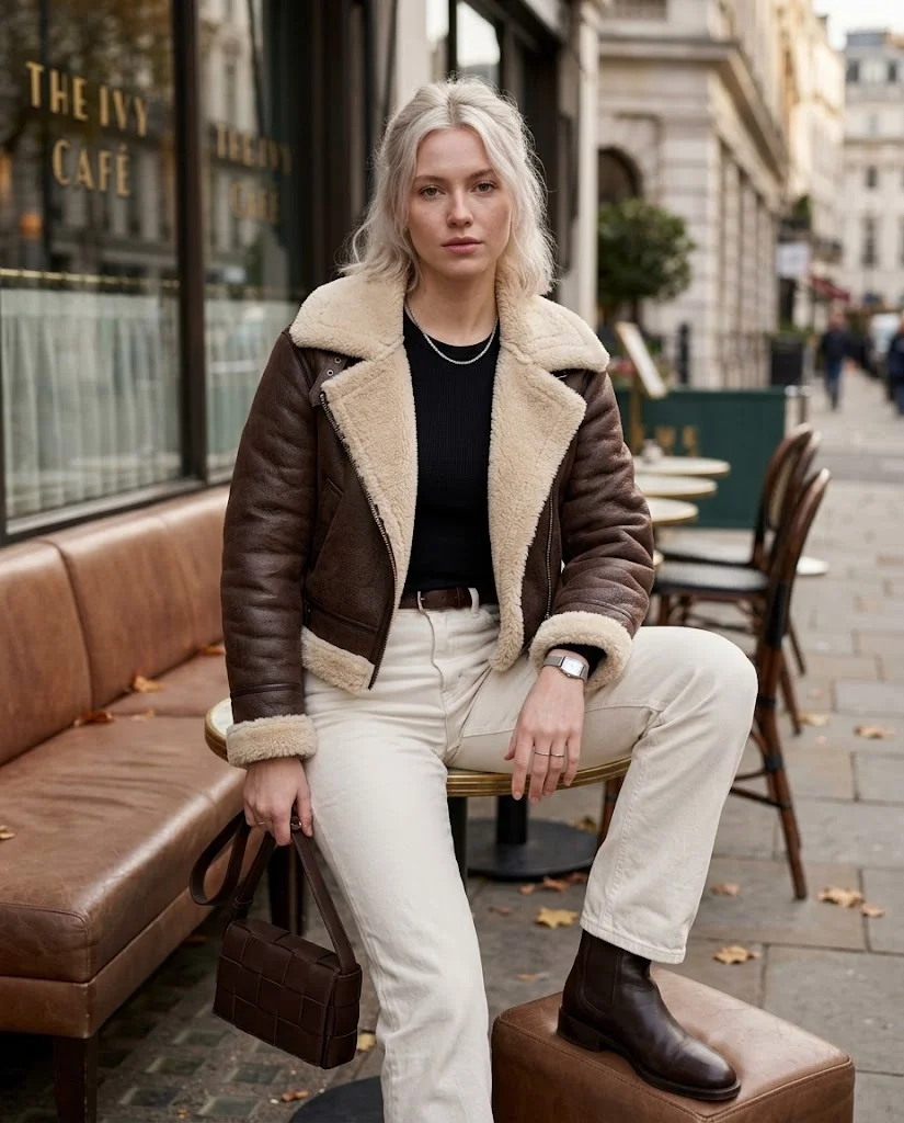20 Late Fall Outfit Ideas for Women 8 Chocolate Shearling Jacket with Ecru Denim Late Fall Outfit