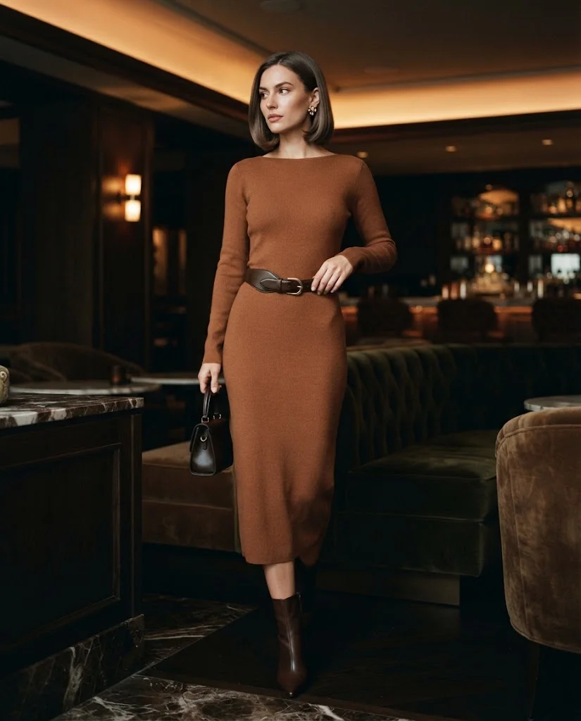 Cinnamon Knit Column Dress With a Sculptural Belt Old Money Fall Bar Outfit