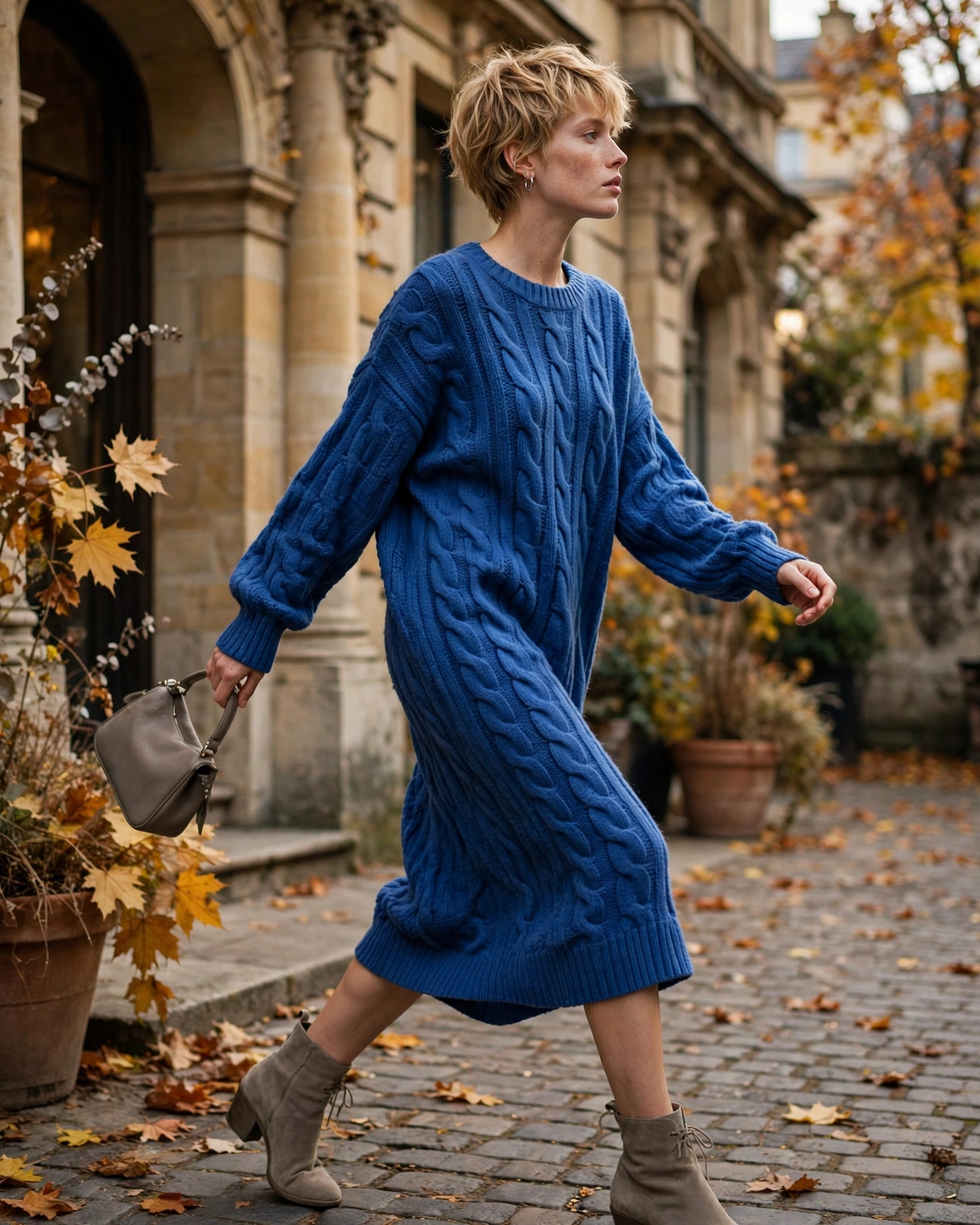 Fall Sweater Dress Outfits: 22 Cozy and Chic Looks You’ll Want to Wear All Season 8 Cobalt Blue Cable-Knit Dress with Stone Boots Sweater Dress Fall Outfit