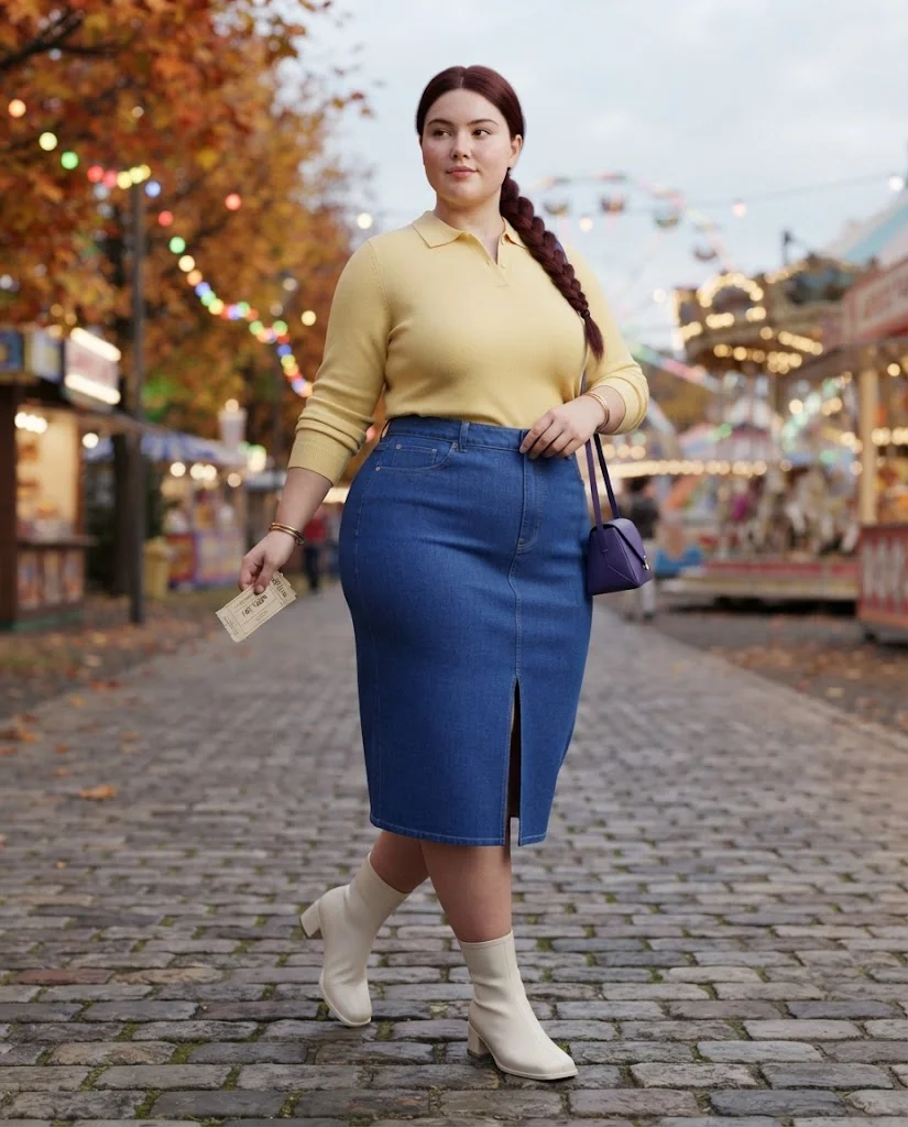 Plus Size Fall Fair Outfits: 20 Flattering and Comfortable Looks 5 Cobalt Blue Denim Midi Skirt With Butter-Yellow Knit Polo and Ivory Ankle Boots Plus Size Fall Fair Outfit