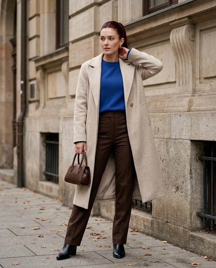 20 Late Fall Outfit Ideas for Women 15 Cobalt Knit with Dark Chocolate Trousers Late Fall Outfit