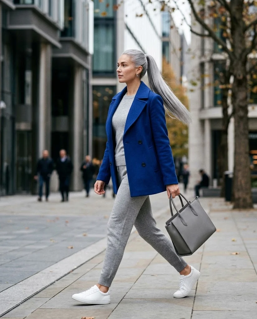 Cobalt Peacoat with Gray Knit Pants Peacoat Fall Outfit