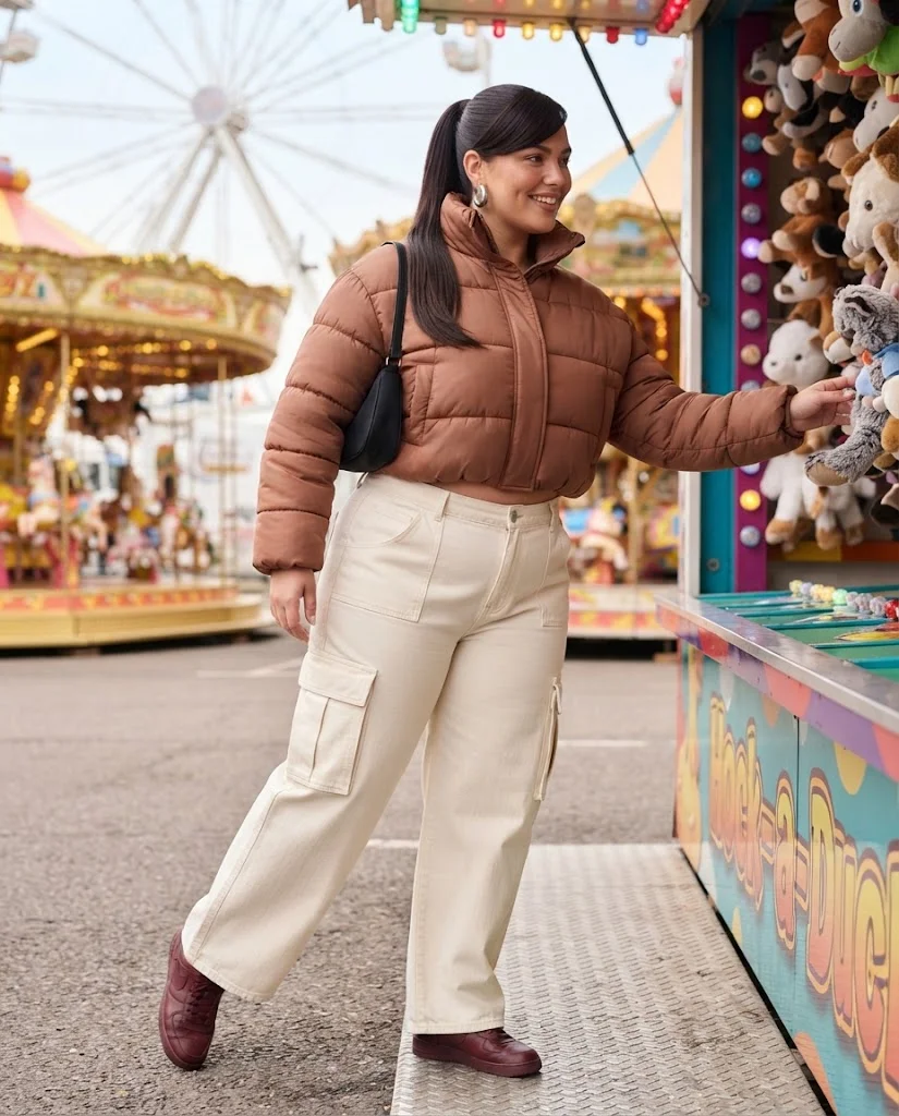 Plus Size Fall Fair Outfits: 20 Flattering and Comfortable Looks 3 Copper Brown Cropped Puffer With Cream Cargo Jeans and Burgundy Sneakers Plus Size Fall Fair Outfit