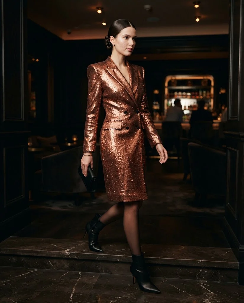 Copper Sequin Blazer Dress With Sheer Dark Tights Old Money Fall Bar Outfit