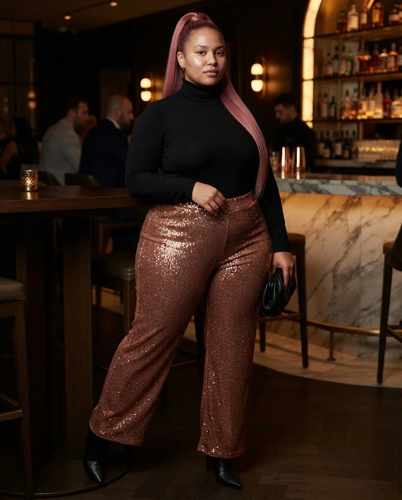 Plus Size Fall Bar Outfits: 20 Chic Looks for Nights Out 15 Copper Sequin Wide Leg Pants With a Black Turtleneck Plus Size Fall Bar Outfit