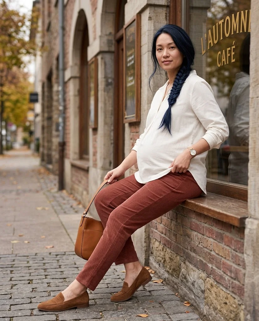 Corduroy Maternity Pants with a Relaxed Blouse Fall Pregnancy Outfit