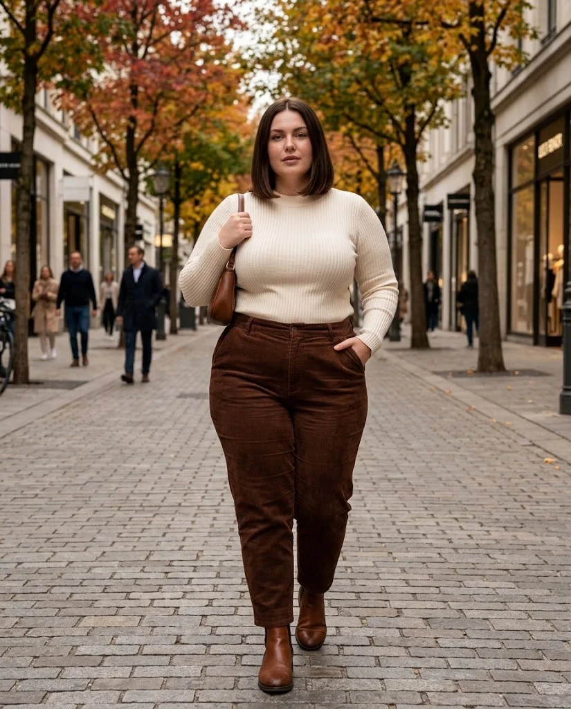Plus Size Cold Fall Outfits: Cozy Looks for Chilly Autumn Days 5 Corduroy Pants + Fitted Knit Sweater + Chelsea Boots Plus Size Cold Fall Outfit