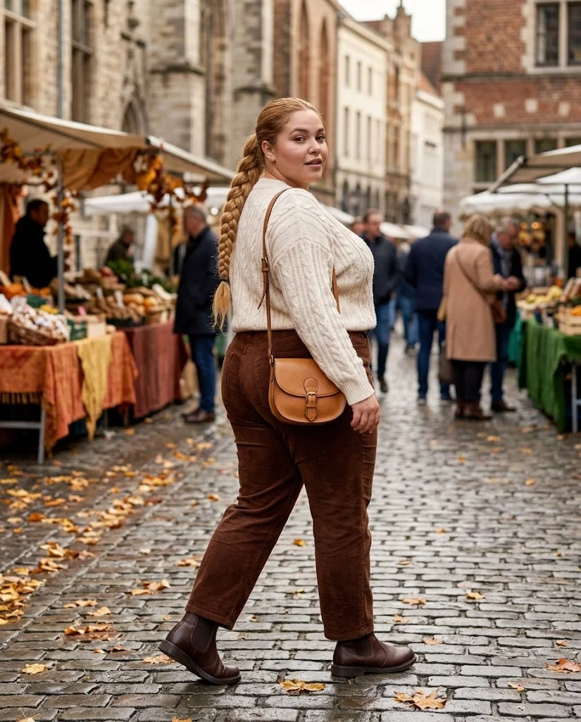Corduroy Pants and Chunky Knit with Chelsea Boots Plus Size Late Fall Outfit