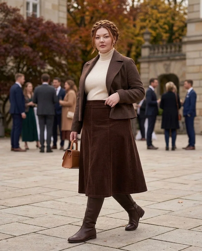 Corduroy Skirt and Turtleneck with Knee-High Boots Plus Size Late Fall Outfit