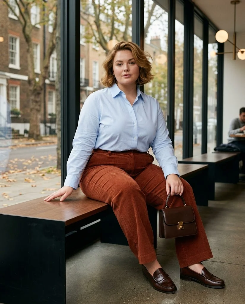 Corduroy Wide-Leg Pants with a Button-Down Shirt Plus Size October Outfit