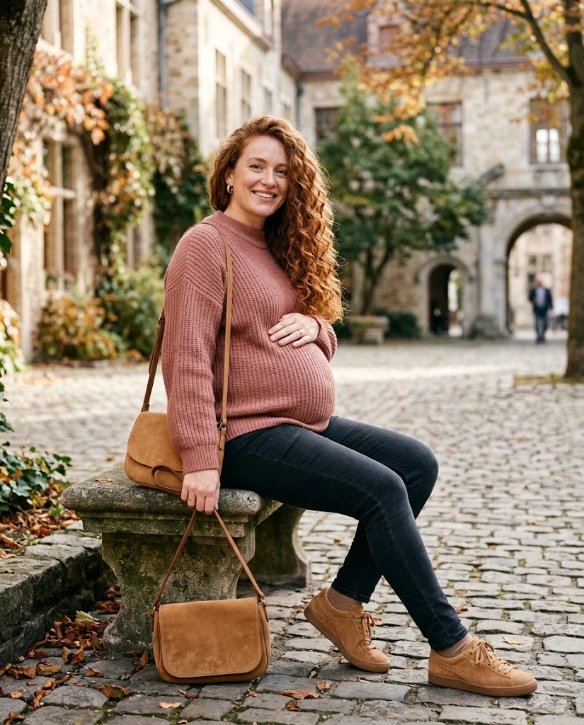 Cozy Maternity Sweater with Stretchy Jeans Fall Pregnancy Outfit