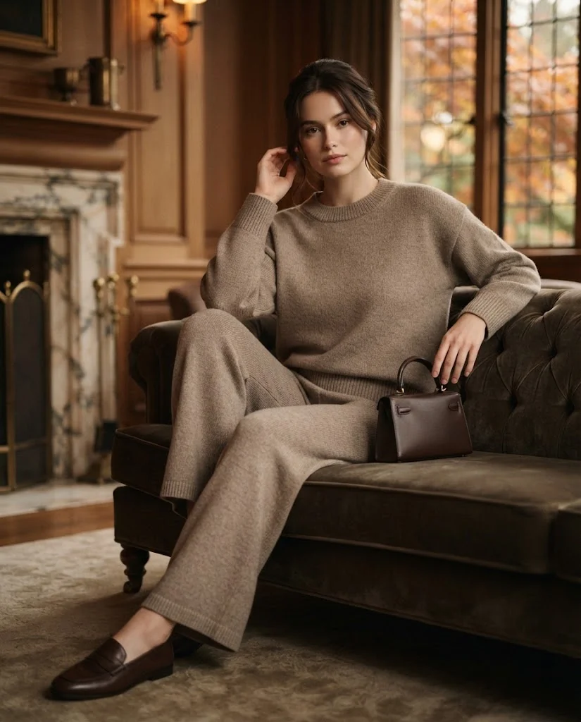 Cozy Taupe Knit Set with Classic Leather Shoes Old Money Comfy Fall Outfit