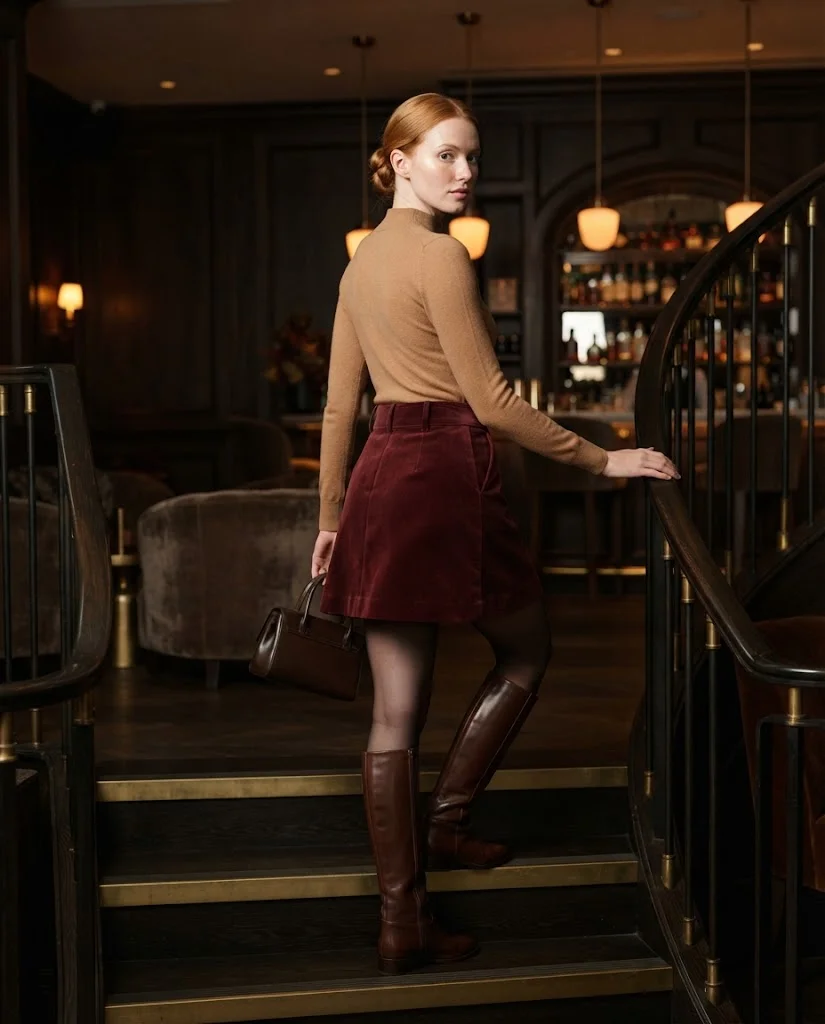 Cranberry-Brown Velvet Mini Skirt With a Fitted Camel Mock-Neck Top Old Money Fall Bar Outfit