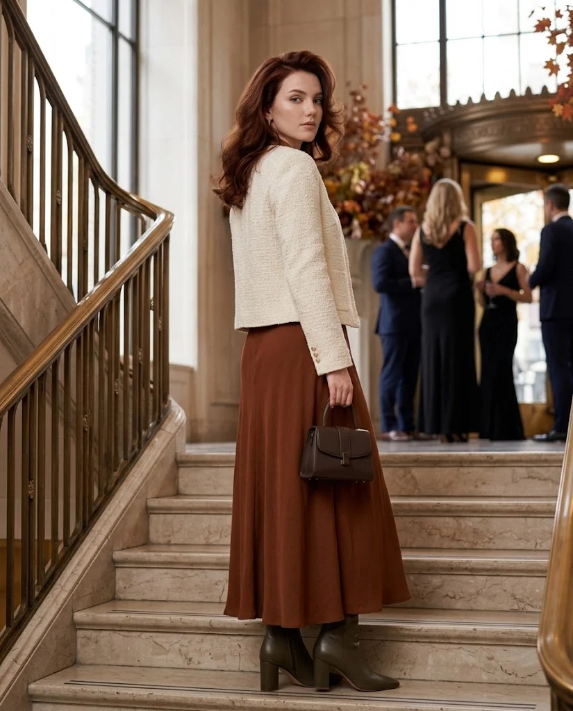 20 Late Fall Outfit Ideas for Women 20 Cream Bouclé Jacket with Rust-Brown Maxi Dress Late Fall Outfit