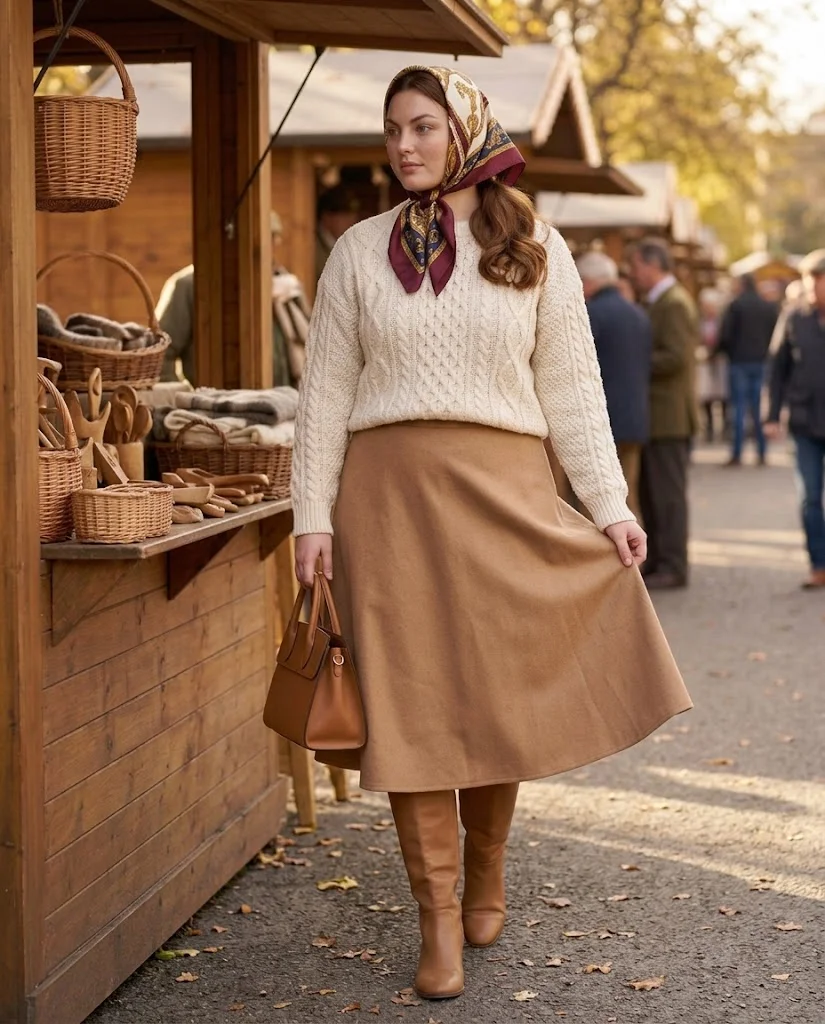 Cream Cable Knit Sweater With Camel Midi Skirt and Knee High Boots Old Money Fall Fair Outfit