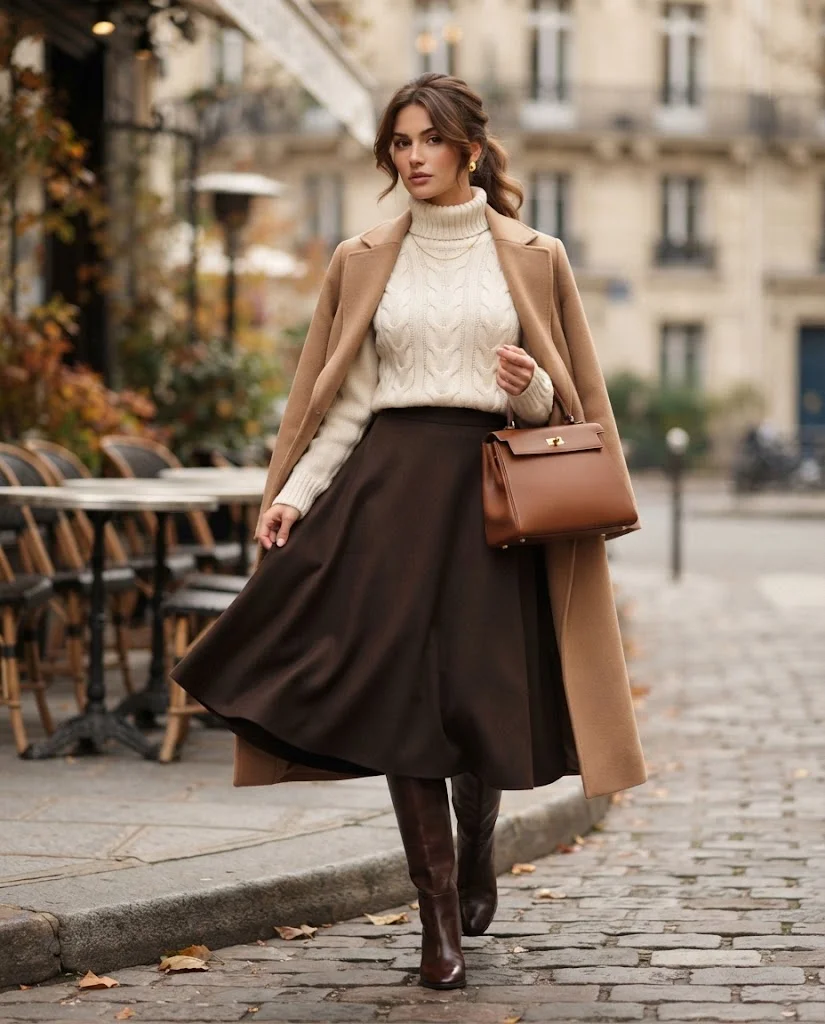 Cream Cable-Knit Sweater with Dark Brown Skirt Old Money Cold Fall Outfit