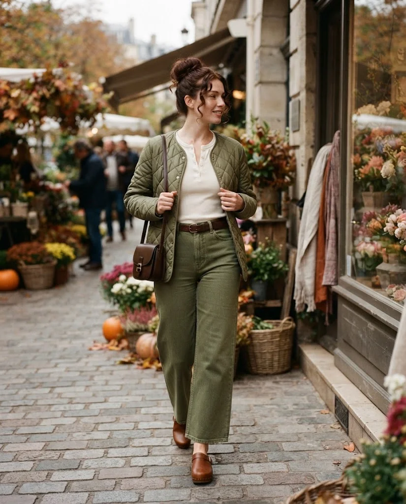 Cream Henley with Olive Wide-Leg Jeans Old Money Comfy Fall Outfit