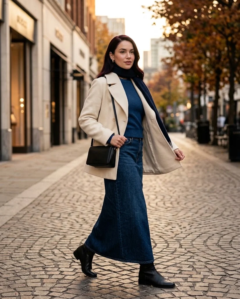 Cream Peacoat with a Denim Maxi Skirt Peacoat Fall Outfit