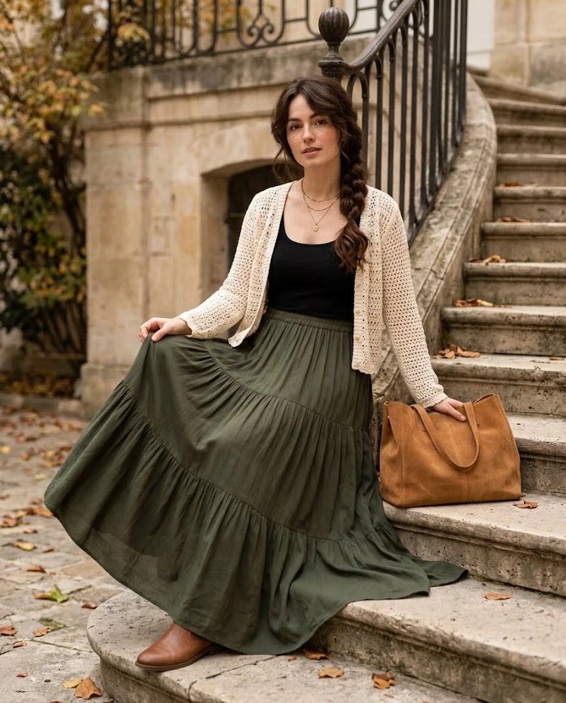 21 Boho Chic Fall Outfits: Effortless Bohemian Style Ideas 4 Crochet Cardigan with a Tiered Maxi Skirt Boho Chic Fall Outfit