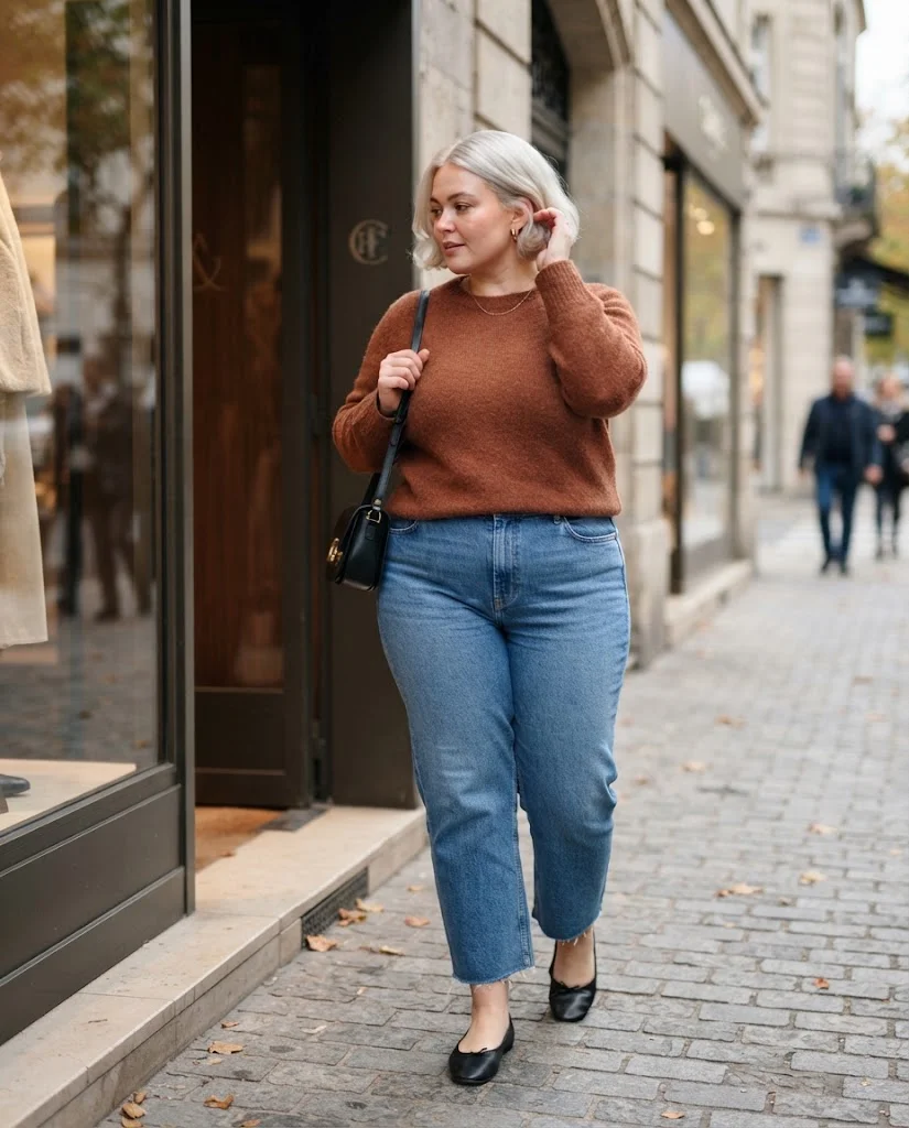 Cropped Jeans + Soft Crewneck + Ballet Flats Plus Size Comfy Fall Outfit