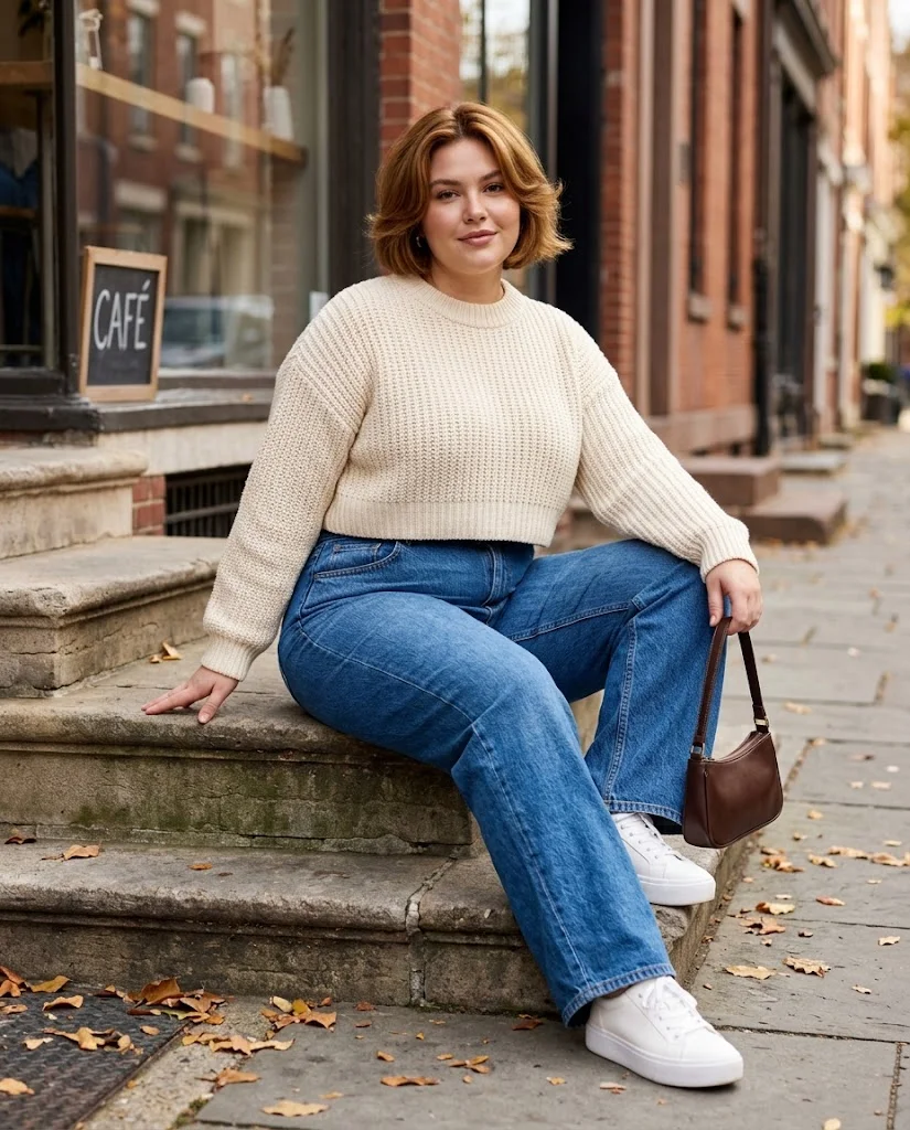 Cropped Sweater with High-Rise Wide-Leg Jeans Plus Size October Outfit