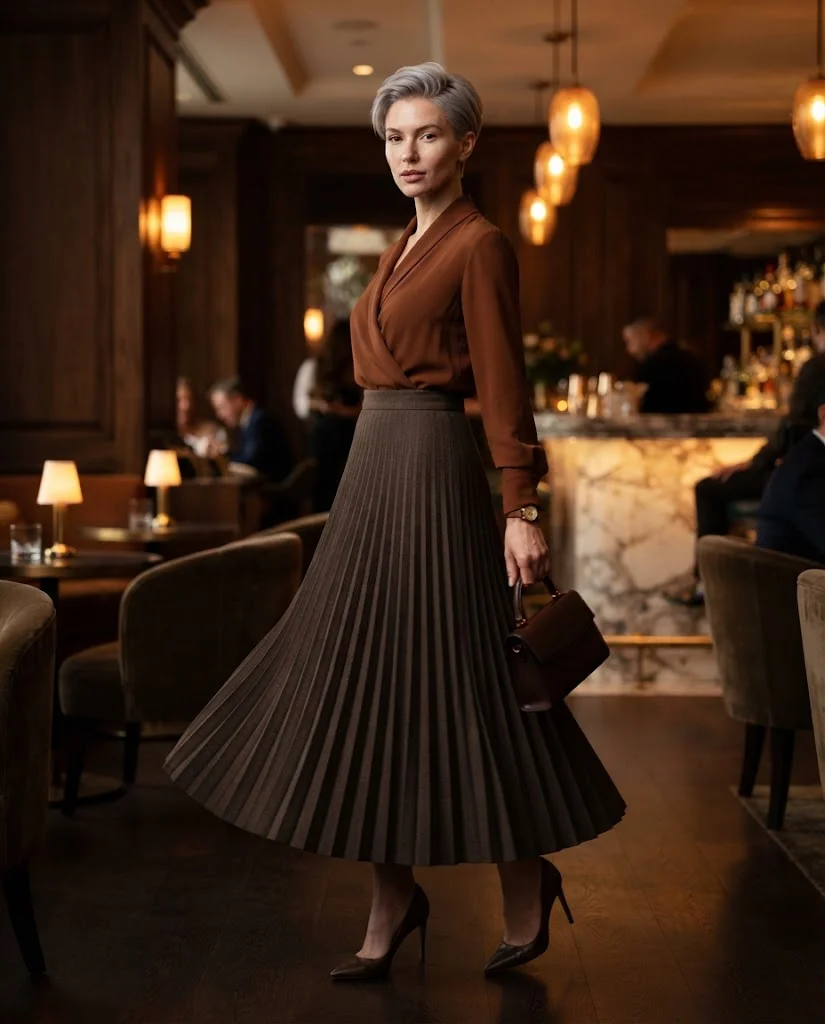 Dark Cinnamon Wrap Blouse With a Full-Length Pleated Skirt Old Money Fall Bar Outfit