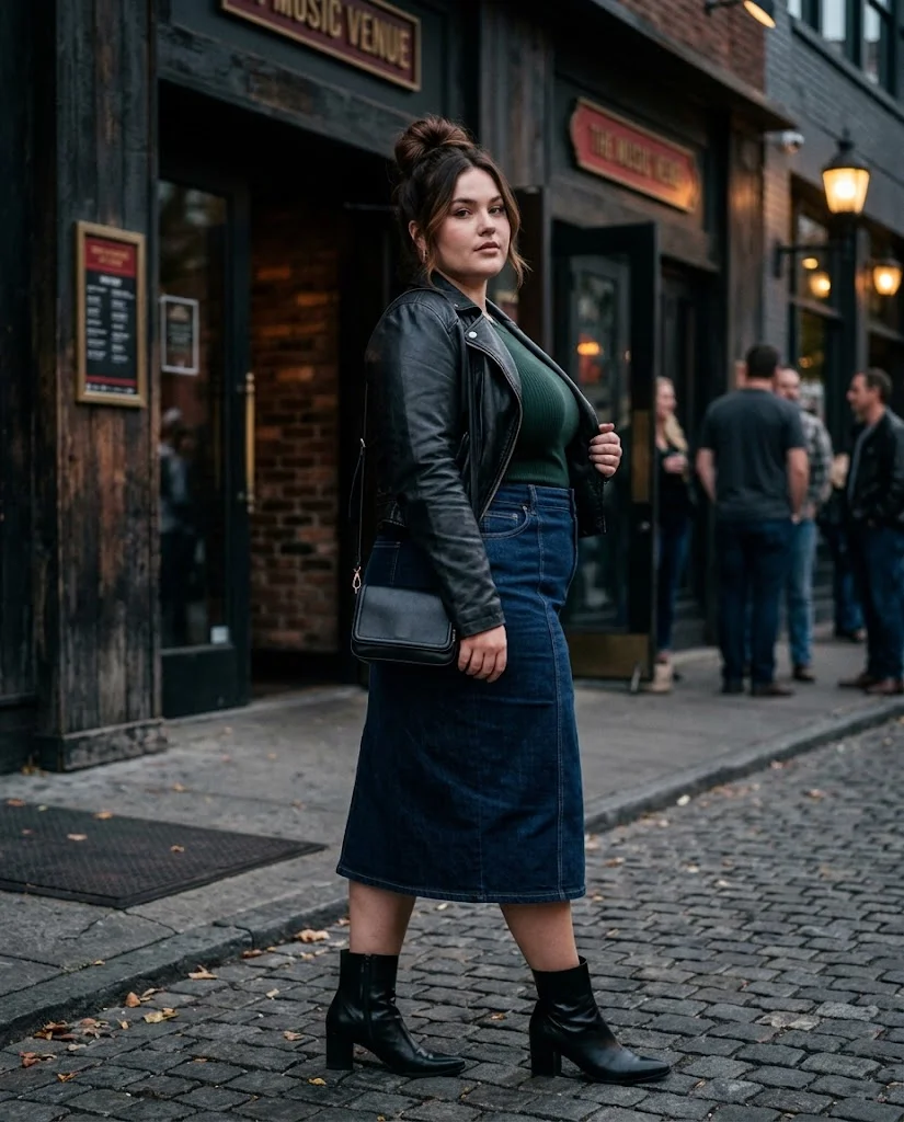 Dark Denim Midi Skirt with a Leather Jacket Plus Size October Outfit