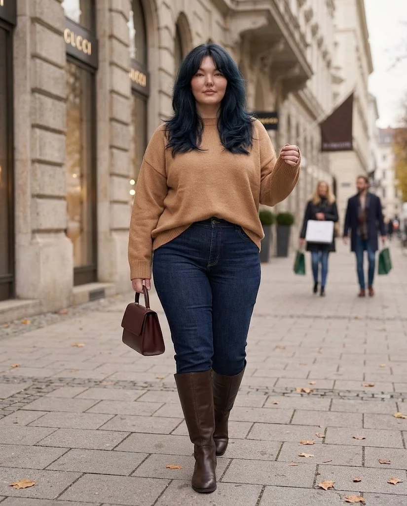 Dark Denim and Oversized Knit with Knee-High Boots Plus Size Late Fall Outfit
