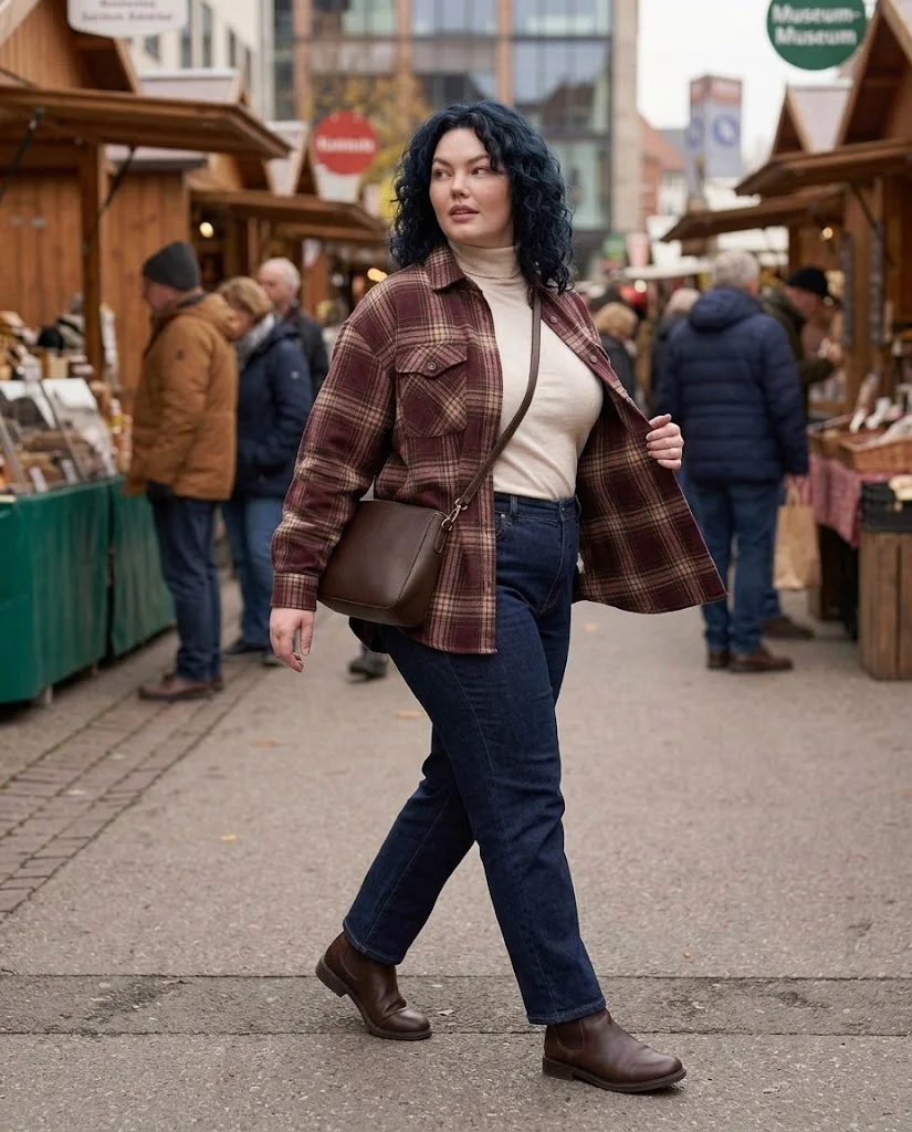 Dark Jeans and Plaid Overshirt with Turtleneck Plus Size Late Fall Outfit