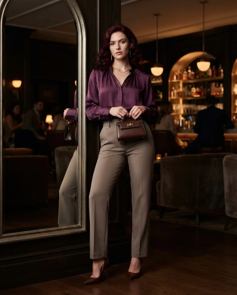 Dark Orchid Satin Blouse With Taupe Tailored Trousers Old Money Fall Bar Outfit