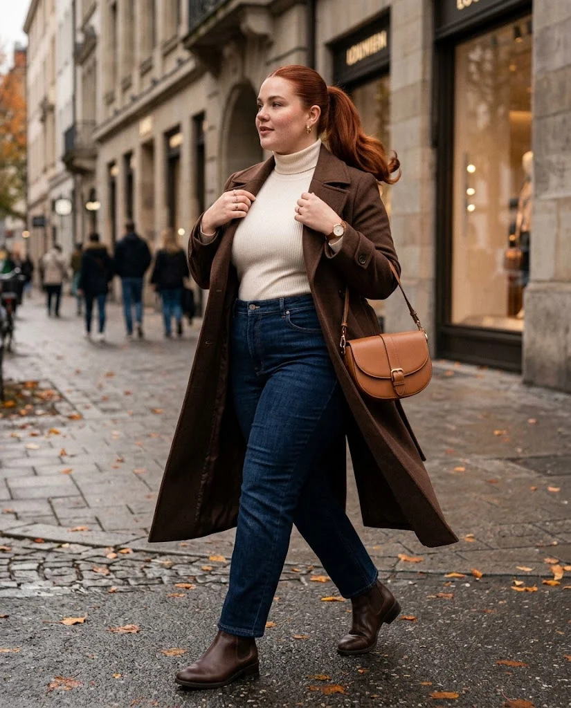 Dark Straight-Leg Jeans and Turtleneck with Long Coat Plus Size Late Fall Outfit