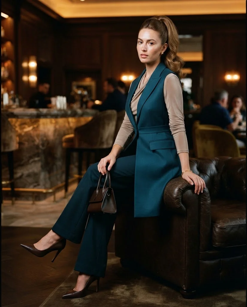 Deep Lagoon Tailored Vest With a Silk-Look Long-Sleeve Top and Wide Trousers Old Money Fall Bar Outfit