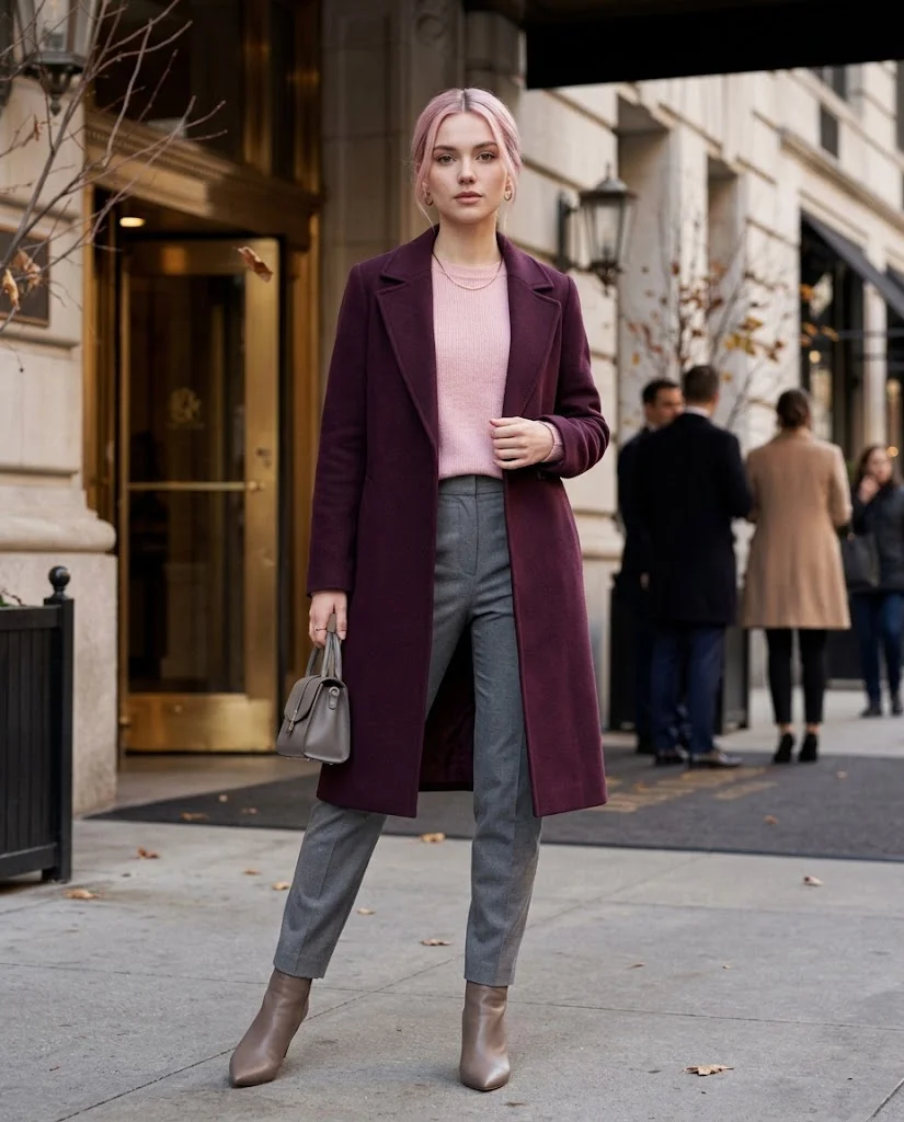 20 Late Fall Outfit Ideas for Women 19 Deep Plum Coat with Soft Pink Knit Late Fall Outfit