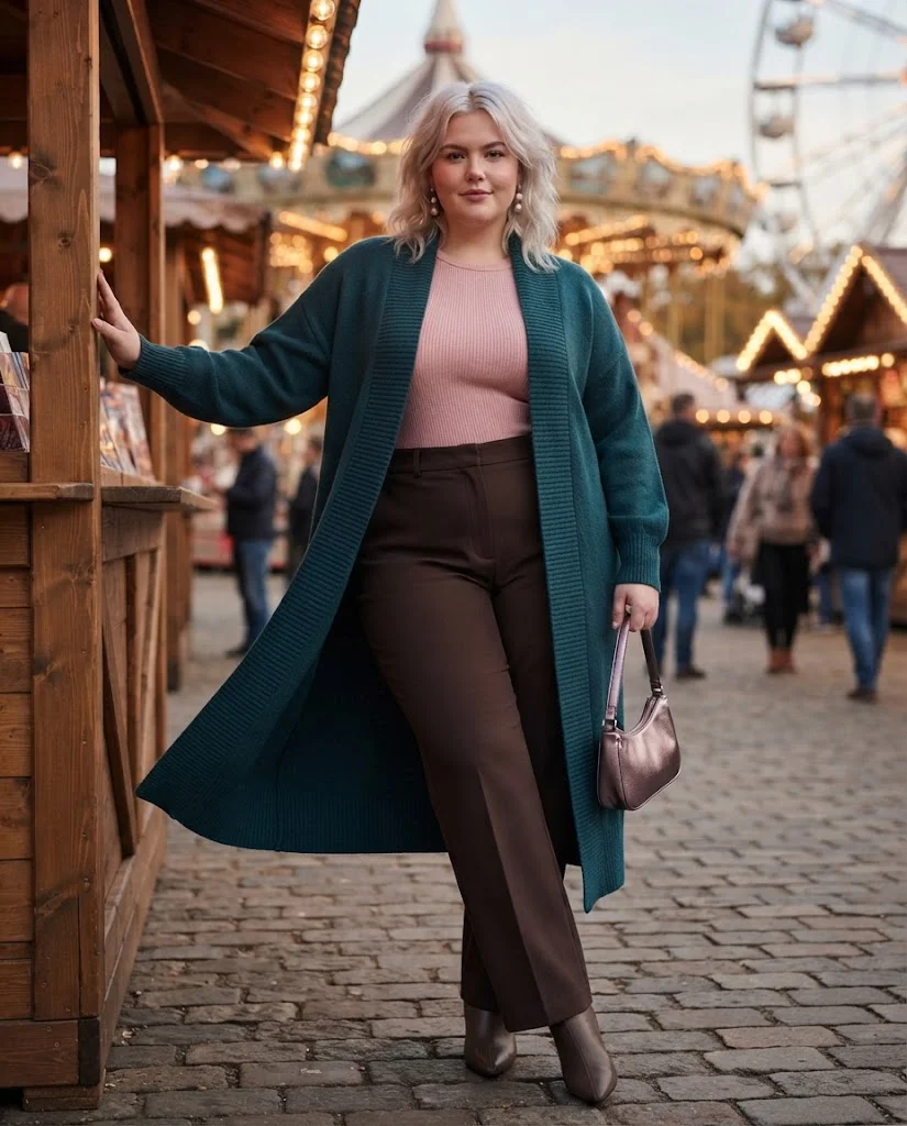 Plus Size Fall Fair Outfits: 20 Flattering and Comfortable Looks 7 Deep Teal Longline Cardigan With Soft-Pink Ribbed Top and Ink-Brown Trousers Plus Size Fall Fair Outfit