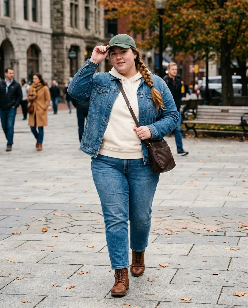 Plus Size Cold Fall Outfits: Cozy Looks for Chilly Autumn Days 12 Denim Jacket + Hoodie + Straight-Leg Jeans Plus Size Cold Fall Outfit
