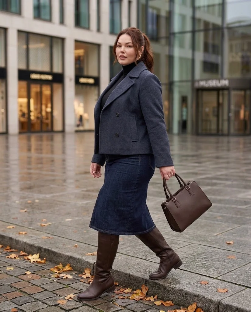 Denim Midi Skirt and Turtleneck with Tall Boots Plus Size Late Fall Outfit