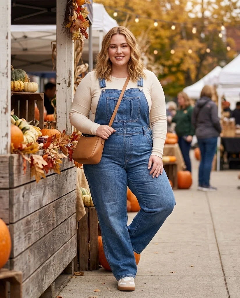 Denim Overalls + Long-Sleeve Tee + Sneakers Plus Size Comfy Fall Outfit