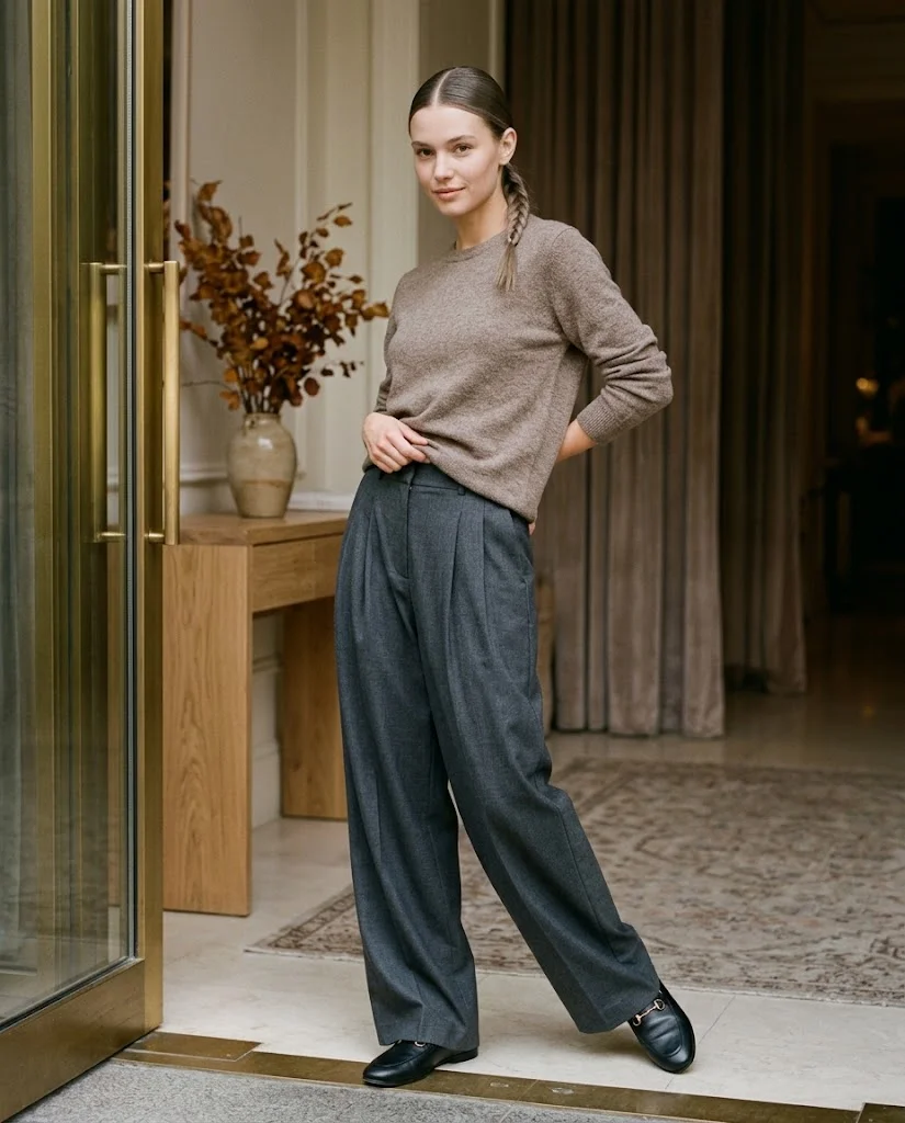 Draped Knit Top with Pleated Wide-Leg Pants October Outfit