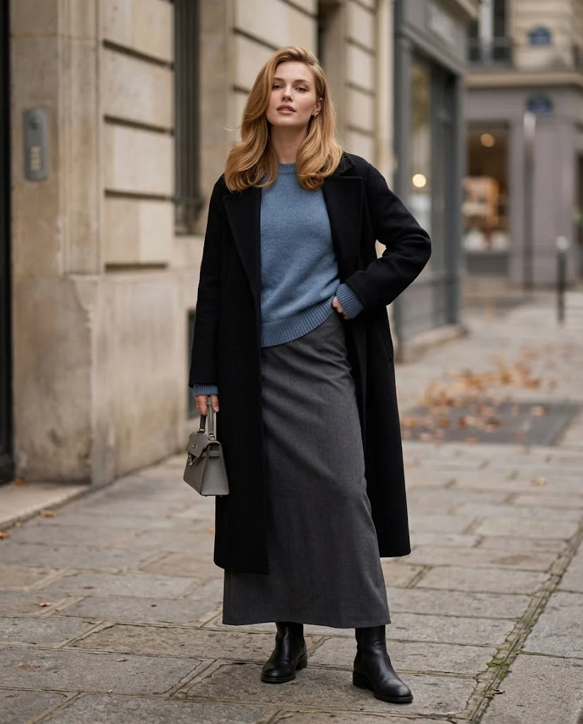 20 Late Fall Outfit Ideas for Women 4 Dusty Blue Sweater with Charcoal Maxi Skirt Late Fall Outfit