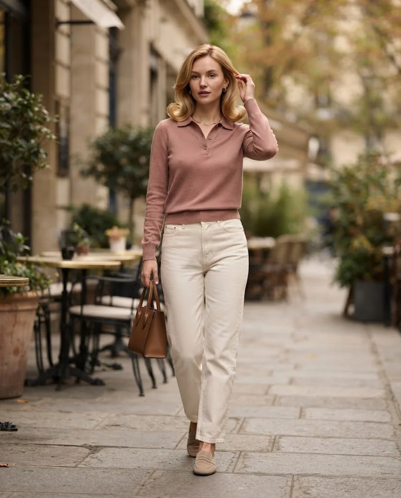 Dusty Rose Knit Polo with Ecru Jeans Old Money Comfy Fall Outfit