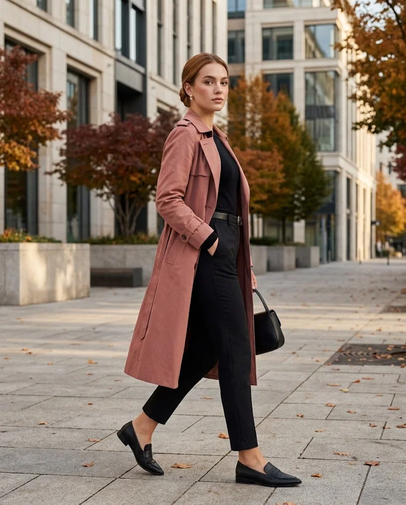 Trench Coat Fall Outfits: 22 Chic Outfit Ideas to Elevate Your Autumn Wardrobe 13 Dusty Rose Trench with Black Tapered Pants Trench Coat Fall Outfit