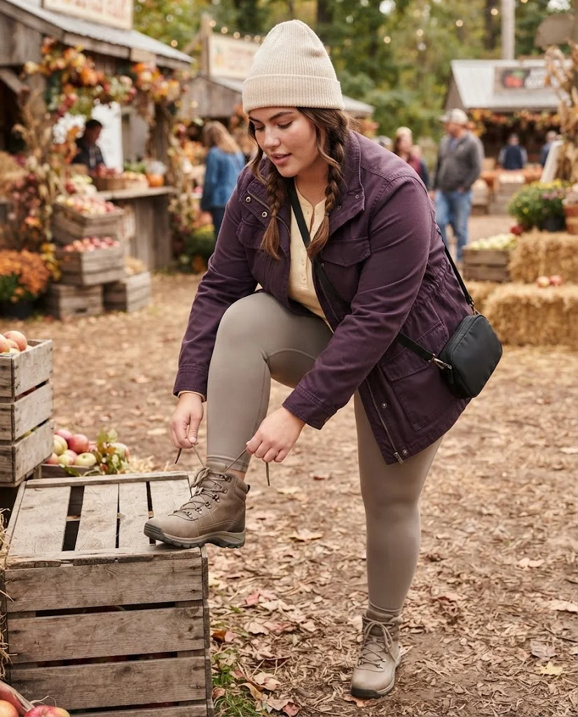 Plus Size Fall Fair Outfits: 20 Flattering and Comfortable Looks 19 Eggplant Utility Jacket With Pale-Yellow Thermal Henley and Stone Leggings Plus Size Fall Fair Outfit