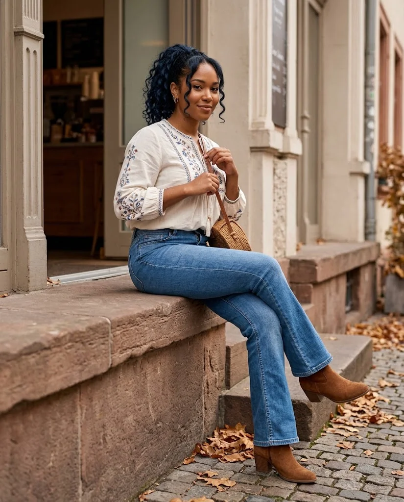 21 Boho Chic Fall Outfits: Effortless Bohemian Style Ideas 3 Embroidered Blouse with Flared Jeans Boho Chic Fall Outfit