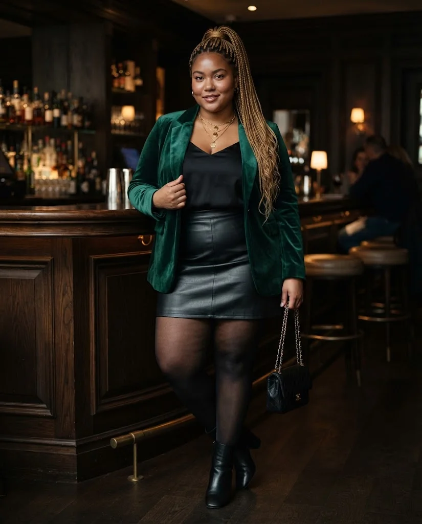 Plus Size Fall Bar Outfits: 20 Chic Looks for Nights Out 4 Emerald Velvet Blazer With a Black Camisole and a Leather Mini Skirt Plus Size Fall Bar Outfit
