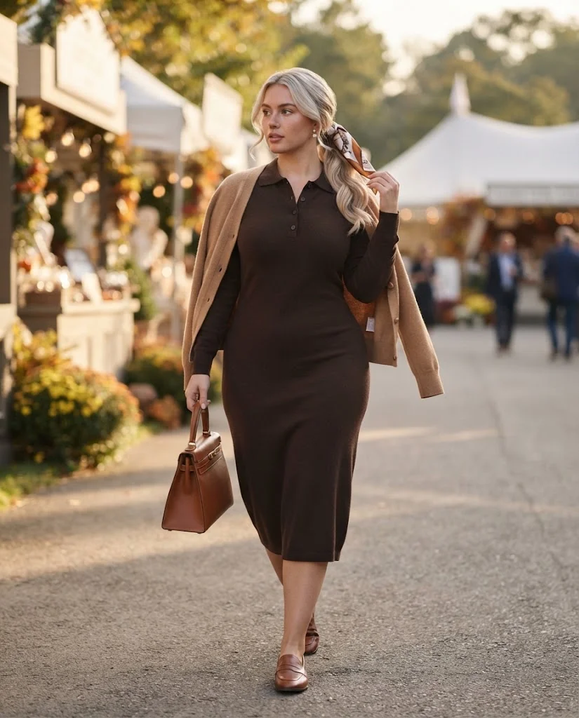 Espresso Knit Polo Dress With Camel Cardigan and Leather Loafers Old Money Fall Fair Outfit