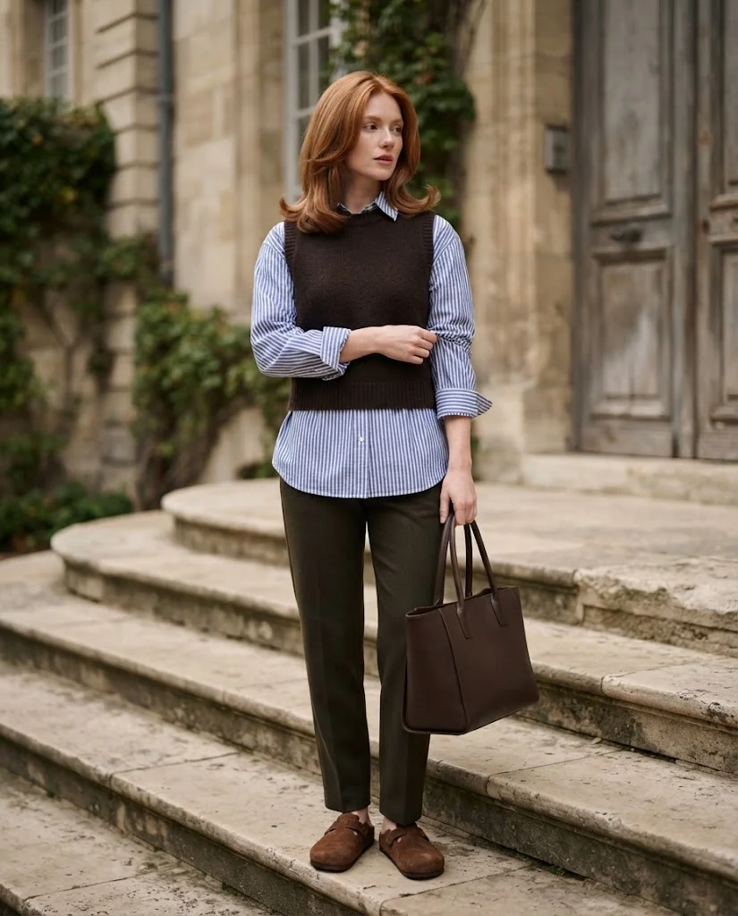Espresso Knit Vest with Striped Button-Down Old Money Comfy Fall Outfit
