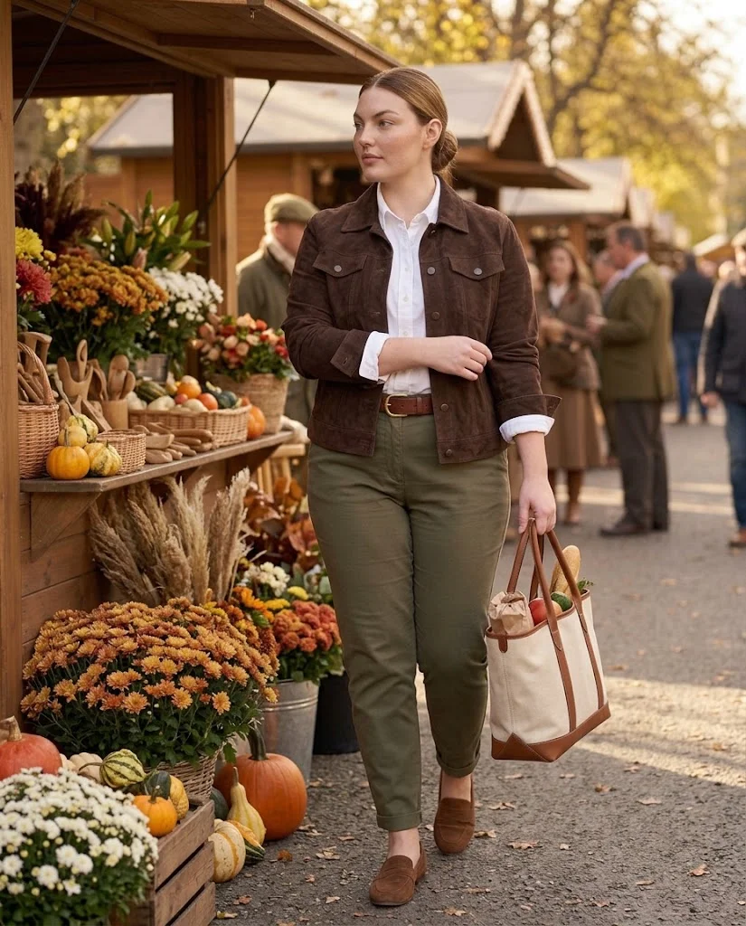 Espresso Suede Trucker Jacket With White Oxford Shirt and Olive Chinos Old Money Fall Fair Outfit