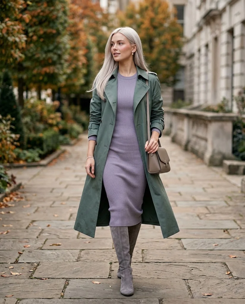 Trench Coat Fall Outfits: 22 Chic Outfit Ideas to Elevate Your Autumn Wardrobe 8 Eucalyptus Trench Coat with a Knit Dress Trench Coat Fall Outfit