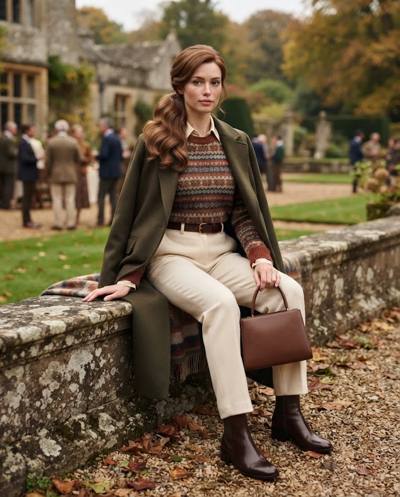 Fair Isle Sweater with Tailored Pants Old Money Cold Fall Outfit