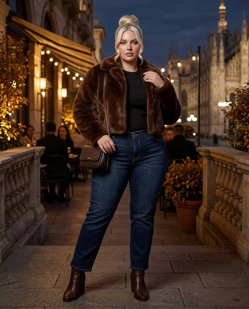 Plus Size Cold Fall Outfits: Cozy Looks for Chilly Autumn Days 18 Faux-Fur Jacket + Dark Jeans + Ankle Boots Plus Size Cold Fall Outfit